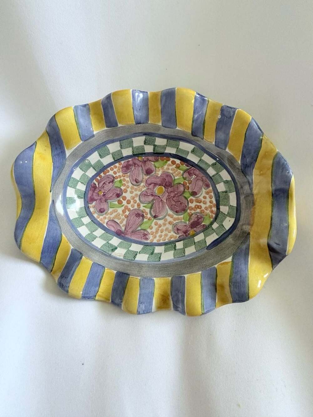 Vintage MacKenzie-Childs Myrtle Pattern Small Hand-Painted Fluted Oval dish